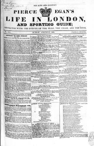 cover page of Pierce Egan's Life in London, and Sporting Guide published on August 27, 1826