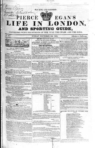 cover page of Pierce Egan's Life in London, and Sporting Guide published on November 26, 1826