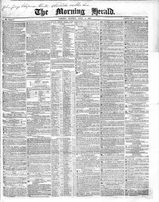 cover page of Morning Herald (London) published on April 1, 1861