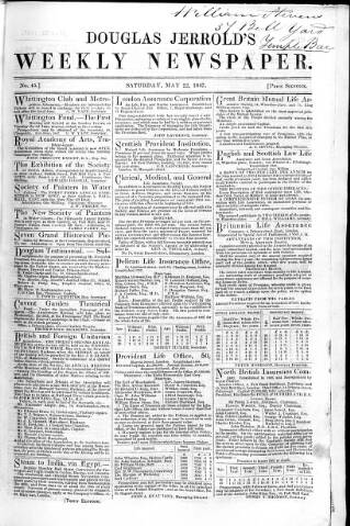 cover page of Douglas Jerrold's Weekly Newspaper published on May 22, 1847