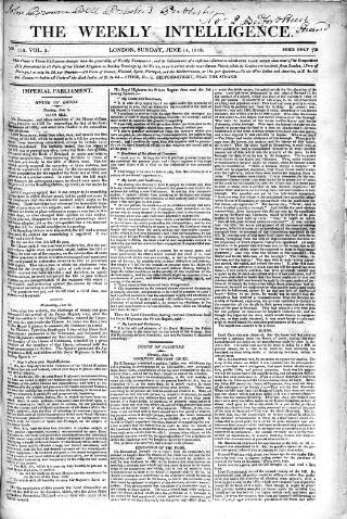 cover page of Weekly Intelligence published on June 14, 1818