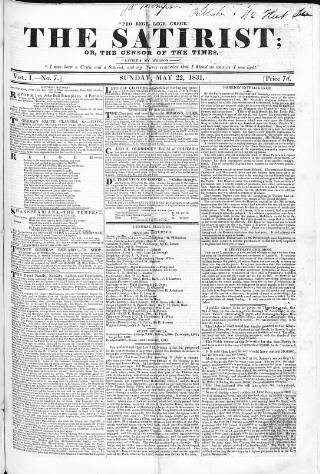 cover page of Satirist; or, the Censor of the Times published on May 22, 1831