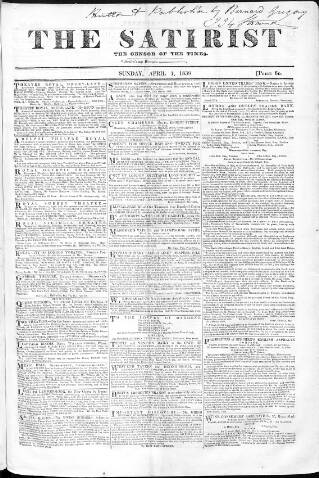 cover page of Satirist; or, the Censor of the Times published on April 1, 1838