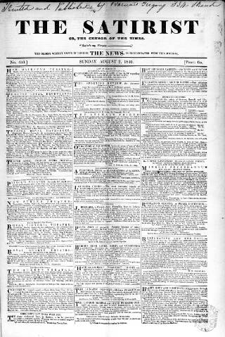 cover page of Satirist; or, the Censor of the Times published on August 2, 1840