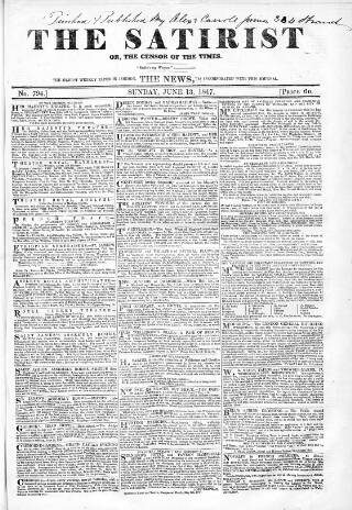 cover page of Satirist; or, the Censor of the Times published on June 13, 1847