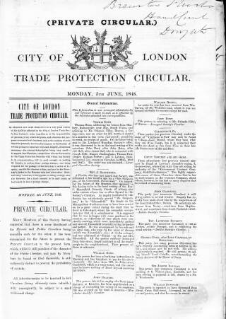 cover page of City of London Trade Protection Circular published on June 5, 1848