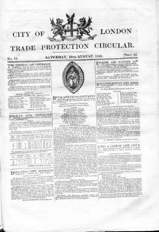 cover page of City of London Trade Protection Circular published on August 19, 1848