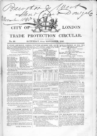 cover page of City of London Trade Protection Circular published on November 11, 1848