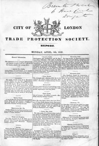 cover page of Trade Protection Record published on April 9, 1849