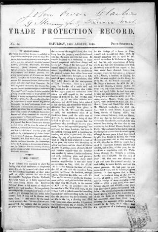 cover page of Trade Protection Record published on August 11, 1849