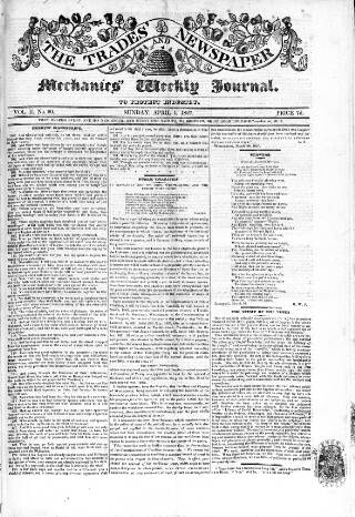 cover page of Trades' Free Press published on April 1, 1827