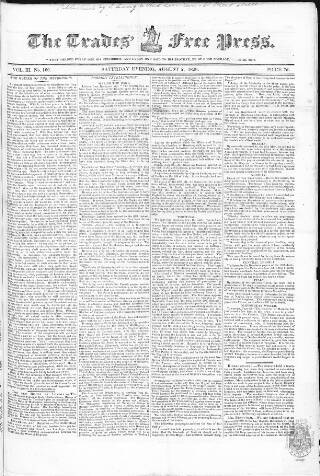 cover page of Trades' Free Press published on August 2, 1828