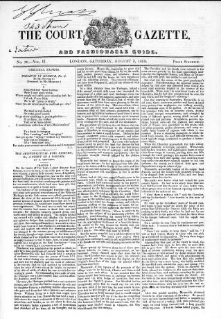 cover page of Court Gazette and Fashionable Guide published on August 3, 1839