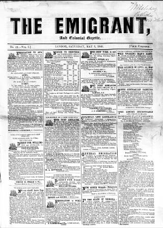 cover page of Emigrant and the Colonial Advocate published on May 5, 1849