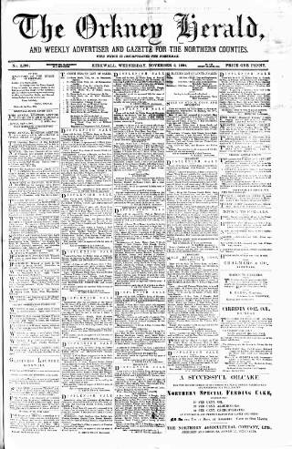 cover page of Orkney Herald, and Weekly Advertiser and Gazette for the Orkney & Zetland Islands published on November 2, 1904