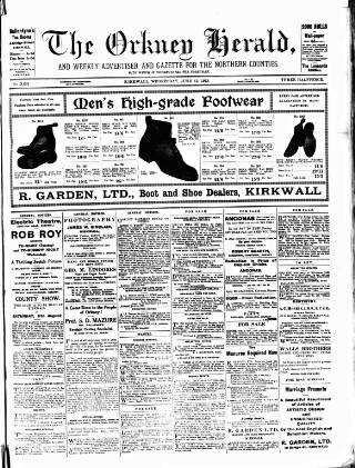 cover page of Orkney Herald, and Weekly Advertiser and Gazette for the Orkney & Zetland Islands published on June 13, 1923