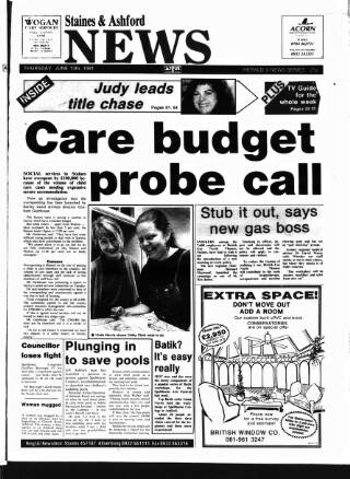cover page of Staines & Ashford News published on June 13, 1991