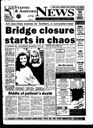 cover page of Staines & Ashford News published on April 1, 1993