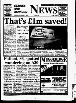 cover page of Staines & Ashford News published on November 2, 1995