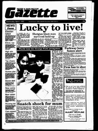 cover page of Hayes & Harlington Gazette published on April 1, 1992