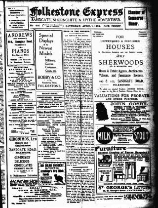 cover page of Folkestone Express, Sandgate, Shorncliffe & Hythe Advertiser published on April 1, 1922