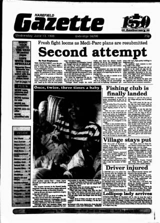 cover page of Harefield Gazette published on June 13, 1990