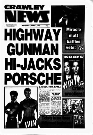 cover page of Crawley News published on April 1, 1992