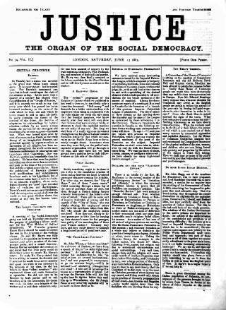 cover page of Justice published on June 13, 1885