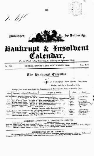 cover page of Bankrupt & Insolvent Calendar published on September 28, 1846