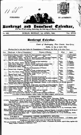 cover page of Bankrupt & Insolvent Calendar published on April 1, 1850