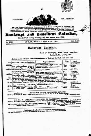 cover page of Bankrupt & Insolvent Calendar published on May 22, 1854