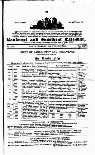 cover page of Bankrupt & Insolvent Calendar published on August 2, 1858
