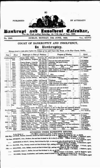 cover page of Bankrupt & Insolvent Calendar published on June 13, 1859