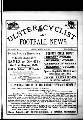 cover page of Ulster Football and Cycling News published on August 2, 1889