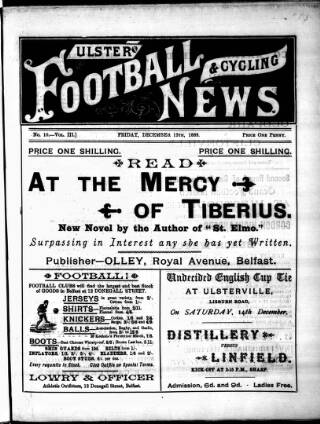 cover page of Ulster Football and Cycling News published on December 13, 1889