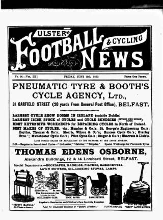 cover page of Ulster Football and Cycling News published on June 13, 1890