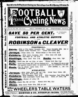cover page of Ulster Football and Cycling News published on September 28, 1894