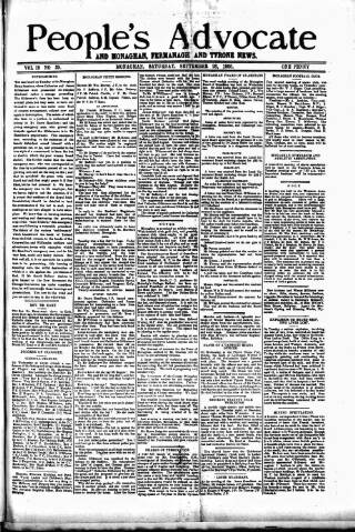 cover page of People's Advocate and Monaghan, Fermanagh, and Tyrone News published on September 28, 1895
