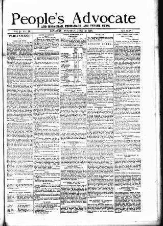 cover page of People's Advocate and Monaghan, Fermanagh, and Tyrone News published on June 13, 1896