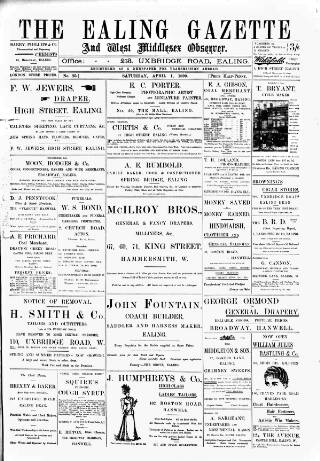 cover page of Ealing Gazette and West Middlesex Observer published on April 1, 1899