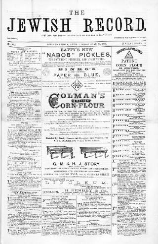 cover page of Jewish Record published on April 1, 1870