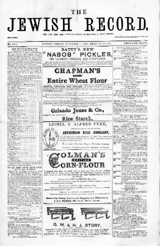 cover page of Jewish Record published on November 11, 1870