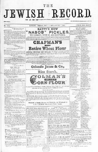 cover page of Jewish Record published on May 26, 1871