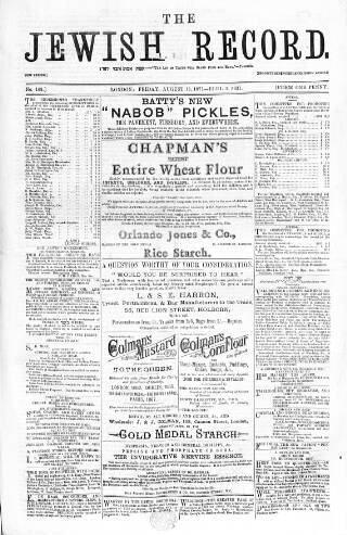 cover page of Jewish Record published on August 18, 1871