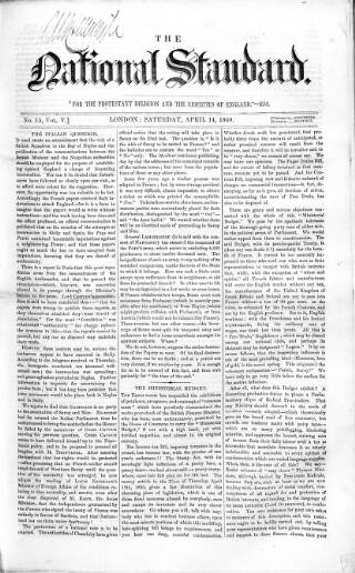 cover page of National Standard published on April 14, 1860