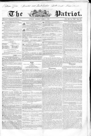 cover page of Patriot published on April 1, 1839