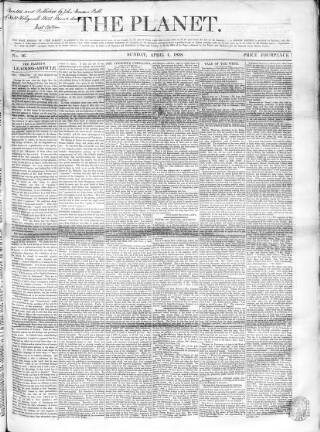 cover page of Planet published on April 1, 1838