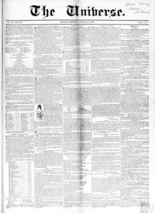cover page of Universe published on August 27, 1847