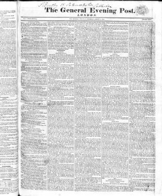 cover page of General Evening Post published on August 2, 1821