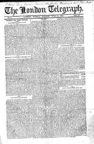 cover page of London Telegraph published on June 14, 1824
